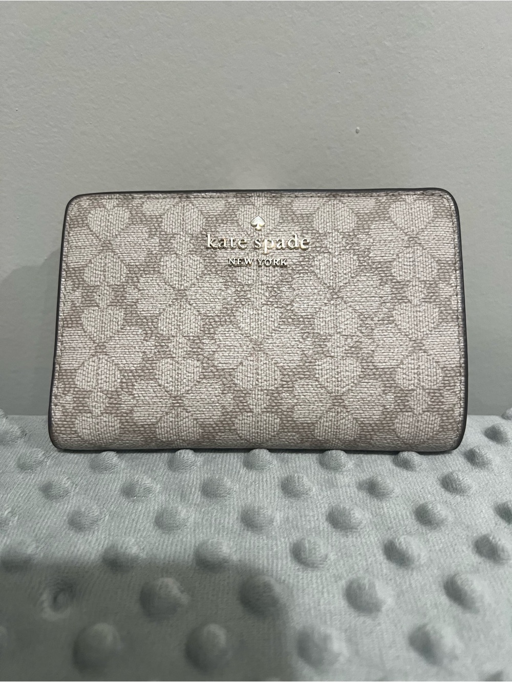 kate spade Beige Monogram Zip Wallet with Gold Logo